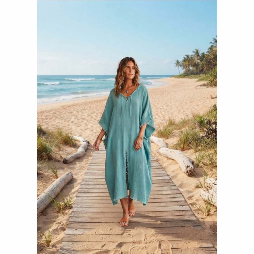 Zara Turquoise Oversized Flowy V-Neck Beach Kaftan Maxi Dress with Raw Hem